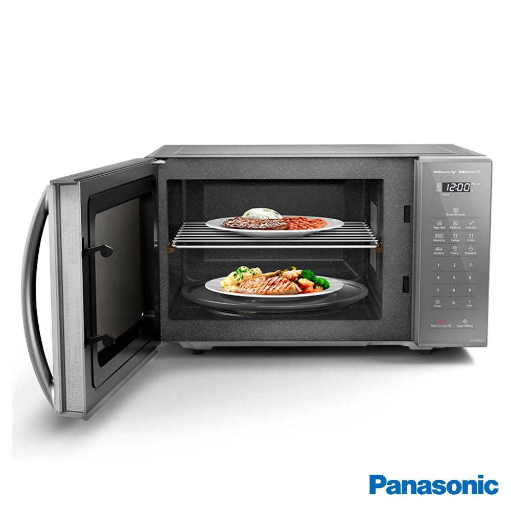Microondas Panasonic Dupla Refeição 27L 220V 800W Antibacteria AG Antiaderente Prata - NN-ST55LMRU